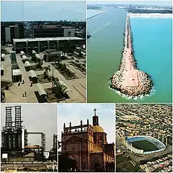 Top to the left:  Downtown, Miramar Beach Breakwater, Francisco I. Madero Refinery, Sagrado Corazón de Jesús Church, Tamaulipas Stadium.