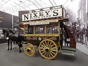 Image 26An historical Brixton to Clapham horse-drawn bus on display at the London Bus Museum. (from Double-decker bus)