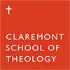 Red square with a white cross and the words "Claremont School of Theology"