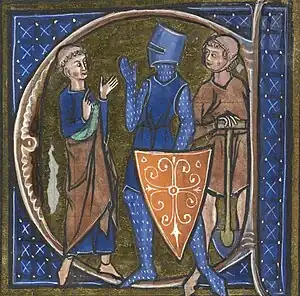 Detail from an illuminated book, with three figures shown talking, a monk on the left, a knight in armour in the middle and a peasant with a spade on the right. The picture is accented in rich blues.