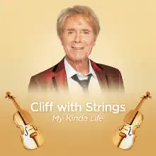 A portrait of a smiling Cliff Richard with the title and two violins pictured below him