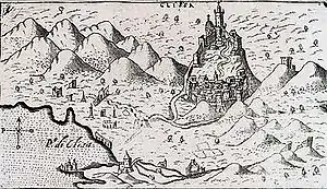 The location of the fortress on the image from the 16th century