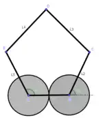 Geared Five Bar Mechanism, where the two disks represent meshing gears which are fixed to their corresponding links.