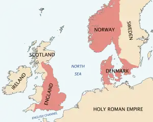 A map of north-western Europe in which Cnut's dominions are depicted in red; there is red over what is now England, Denmark and Norway, the Lothian and Borders region of modern Scotland, as well as a substantial amount of modern Sweden