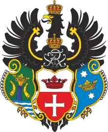 Old arms of Königsberg. On the sides are the arms of Kneiphof (dexter) and Löbenicht/Neustadt Königsberg (sinister)