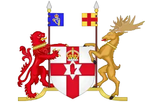 Coat of Arms: St. George's Cross, with the Imperial Crown on top of the Red Hand of Ulster, in the centre