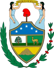 First coat of arms of Bolivia, formerly named the Republic of Bolívar in honor of Simón Bolívar.