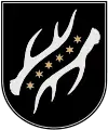 A coat of arms depicting six yellow stars in a diagonal line running from the bottom left to the top right all on a black background