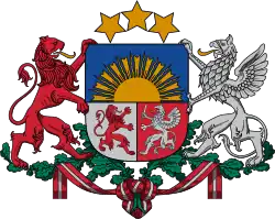 Coat of arms of Latvia (established 15 July 1921) with Courland represented by the red lion in the shield and as one of the supporters