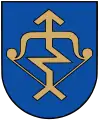 A coat of arms depicting a golden arrow with a zig-zag in the middle of it pulled back on a golden bow all on a blue background