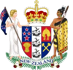 Zealandia on the left side of the coat of arms of New Zealand, used currently.