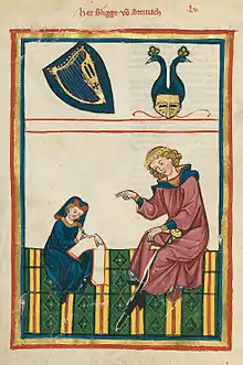 The medieval feudal lord and poet (minnesinger) Bligger von Steinach (Portrait from the Codex Manesse) resided in Steinach (Neckarsteinach)