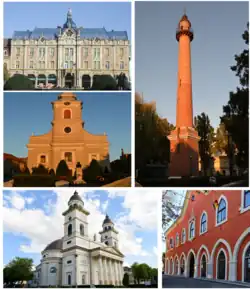 Left to right: Dacia Hotel, Firemen's Tower, Vécsey Palace (art museum), Roman Catholic Cathedral, Chain Church