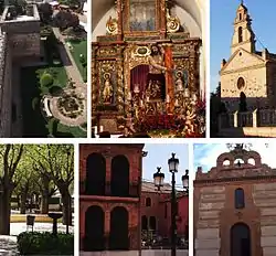 Top:Doña Berenguela Castle (Castillo de Doña Berrenguela) in Bereguela Square (Plaza de Berenguela), Belfry Altarpiece (retablo y espadaña) in Santa Maria Camino Church, Hermitage of Christ (Ermita del Cristo), Bottom:Bolaños de Calatrava Nunicipal Park (Parque Municipal), Industrial Agricultural Circle (Círculo Agrícola), Sanctuary of the Virgin of the Mount (Santuario de la Virgen del Monte), (all items from left to right)