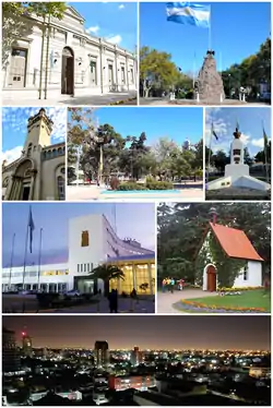 Former town hall, actual museum. Flag Monument (Bicho Canasto). San Juan Bautista Church. San Juan Bautista square. General San Martín on the avenue of the same name. Arturo Jauretche Nacional University main building. Schönstatt Sanctuary. Nocturn view of down town.