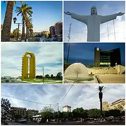 From top to bottom from left to right: the Alameda Ignacio Zaragoza, the Cristo de las Noas, the Puerta de Torreón, the Plaza Mayor and the Plaza de Armas in the Historic Center.