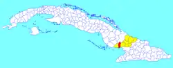 Colombia municipality (red) within  Las Tunas Province (yellow) and Cuba