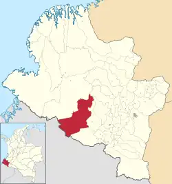 Location of the municipality and town of Ricaurte in the Nariño Department of Colombia.