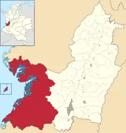 Location of the municipality and town of Buenaventura, Colombia in the Valle del Cauca Department of Colombia.