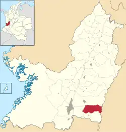 Location of the municipality and town of Pradera in the Valle del Cauca Department of Colombia.