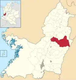 Location of the municipality and town of Tuluá in the Valle del Cauca Department of Colombia.