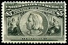 The $5 Columbian stamp (1893), from the last US postage stamp issue produced by the American Banknote Corporation until 1944.