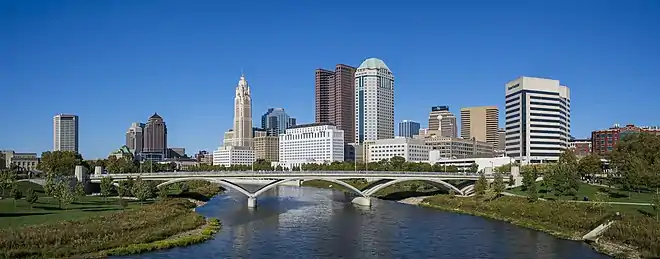 Panorama of downtown Columbus, OH from the Main Street Bridge.