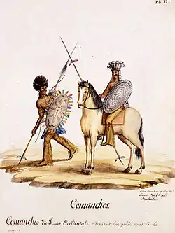 Two Comanches are depicted, each holding a spear and shield. The first, standing, looks to his proper left at the other mounted on a horse.