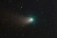 The comet on February 13, 2023 with its dust tail and ion tail visible.