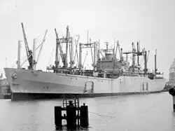 USNS Comet moored pierside at Bremerhaven, Germany, April 1976.