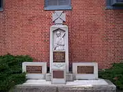 Monument in town square: "Company K, in the center of the First [Pennsylvania] Reserves, helped to repulse the Confederate attempt to seize Little Round Top, possession of which was the key to victory in the battle."