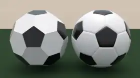 The truncated icosahedron (left) compared with an association football.