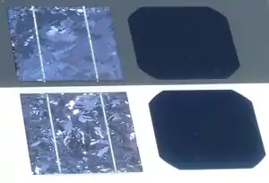 Comparison of solar cells: poly-Si (left) and mono-Si (right)