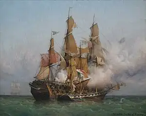 Image 75Kent battling Confiance, a privateer vessel commanded by French corsair Robert Surcouf in October 1800, as depicted in a painting by Garneray (from Piracy)