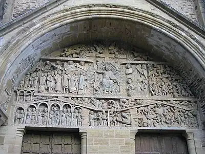 Portal of the Abbey Church of Sainte-Foy in Conques, showing the fate of the virtuous to the left and of sinners to the right