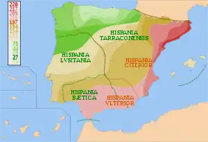 Image 33Map of Spain and Portugal showing the conquest of Hispania from 220 B.C. to 19 B.C. and provincial borders. It is based on other maps; the territorial advances and provincial borders are illustrative. (from History of Portugal)