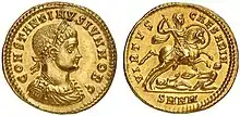 Aureus of Constantine II as caesar, marked: constantinus iun· nob· c· ("Constantine Junior, Noblest Caesar") on the obverse and virtus caesar n· ("the Virtue of Our Caesar") on the reverse