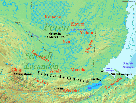 Northern Guatemala is a flat lowland plain dropping off from the Cuchumatanes mountain range sweeping across in an arc to the south. To the east of the mountains is the large lowland Lake Izabal, with an outlet into the Amatique Bay to the east, which itself opens onto the Gulf of Honduras. Immediately north of the mountains is the Lacandon forest, with Petén to the northeast. Ystapalapán was a settlement in the western Cuchumatanes, in the territory of the Chuj. Cobán was in Q'eqchi' territory, in the foothills halfway between Ystapalapán in the west and Lake Izabal in the east. Xocolo was at the northeastern extreme of Lake Izabal, where it flows out towards the sea. Nito, also known as Amatique, was on the coast where the river flowing out of the lake opened into the Amatique Bay. The area south of the lake was Toquegua territory. The Manche occupied the lands to the northwest of the lake, with the Acala to their west between the Manche and the Chuj. The Lacandon were northwest of the Acala, straddling the border with Mexico. Lake Petén Itzá was in the centre of Petén, to the north. It was the location of Nojpetén, with the Itza lands stretching southwards from the lake. To the east of the Itza and northeast of the Manche were the Mopan, on the border with Belize. North of the Mopan were the Yalain, east of Lake Petén Itzá. The Kowoj were to the northeast of the lake and the Kejache to the northwest. The "Tierra de Guerra" ("Land of War") covers a broad northern swathe of the mountains and the southern portion of the lowlands.