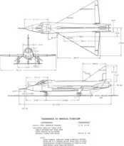 3-view line drawing of the Convair TF-102A Delta Dagger