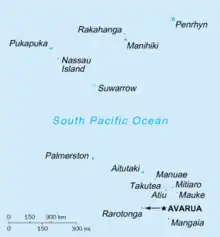 Map of the Cook Islands with water in blue and land as blue circles. Shows two major island groups with one to the north and one to the south