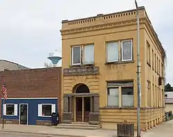 U.S. Post Office, First State Bank Building, and water tower in Walnut Grove