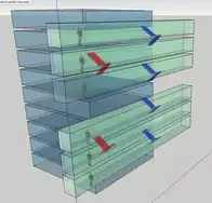 Tenant (blue) & service (red) stairs from apartments to corridors.