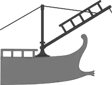 A diagram showing the location and usage of a corvus on a Roman galley.