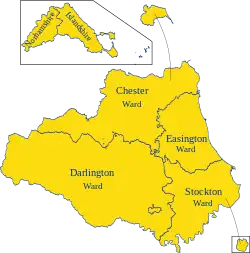 The wards and exclaves of the palatinate. Bedlingtonshire was part of Chester-le-Street Ward, and Craikshire was part of Darlington Ward.