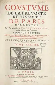 Cover page of an edition of the coutume de Paris, 1669