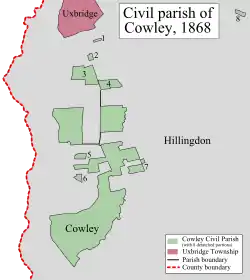 Eight exclaves of highly anomalous Cowley, all in Hillingdon, then in Middlesex.