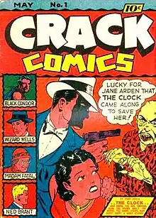 Comic-book cover, with masked man pointing a gun at a villain