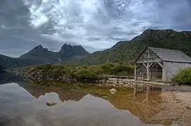 View over Dove Lake; The boat shed was built in the 1940s