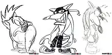 A row of three sketches depicting an anthropomorphic marsupial-like creature. The left character resembles a stocky, slouching wombat, while the middle character is taller, leaner, has a longer snout and wears a dark Zorro-like mask, and the right character is a combination of the two preceding designs, being lean, slouching and bare-faced.