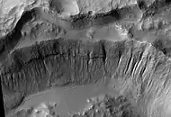 Crater wall inside Mariner Crater showing a large group of gullies, as seen by HiRISE.